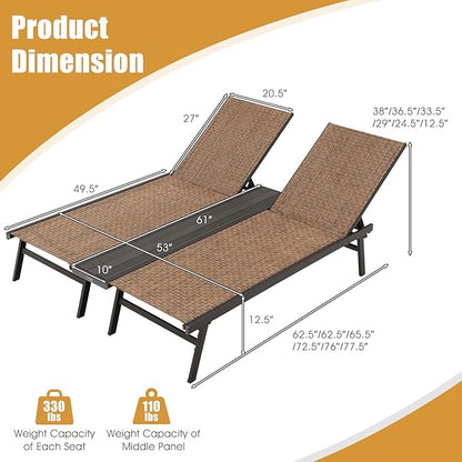 COSTWAY Patio 2-Person Chaise Lounge Chair 6-Position Back Adjust Middle Panel