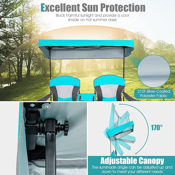 S AFSTAR Double Camping Chair w/Shade Canopy, 2-Person Folding Camp and Beach Chair with Mini Table Beverage Cup Holder Carrying Bag, Collapsible Camping Chairs for Garden Patio Pool Beach