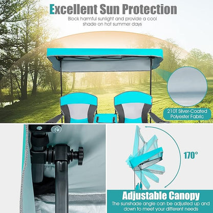 S AFSTAR Double Camping Chair w/Shade Canopy, 2-Person Folding Camp and Beach Chair with Mini Table Beverage Cup Holder Carrying Bag, Collapsible Camping Chairs for Garden Patio Pool Beach