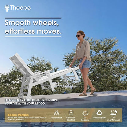 THOEOE Patio Chaise Lounge Chair Set of 4, Oversized Lounge Chair Outdoor with 5 Positions, HDPE, Patio Lounge Chair with Wheels & Cup Holder for Pool, Deck, Poolside,White