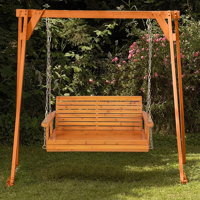 Giantex Wooden Porch Swing 2 Seat - Outdoor Swinging Chairs with Hanging Chains, 600 lbs Weight Capacity, 4 FT Finished Fir Wood Bench Swing for Patio, Outside, Garden, Lawn, Backyard (Orange)