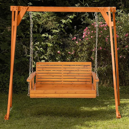 Giantex Wooden Porch Swing 2 Seat - Outdoor Swinging Chairs with Hanging Chains, 600 lbs Weight Capacity, 4 FT Finished Fir Wood Bench Swing for Patio, Outside, Garden, Lawn, Backyard (Orange)