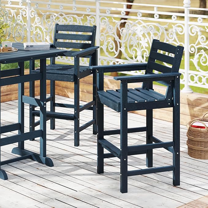 Giantex 29” Bar Stools Set of 2, HDPE Barstools w/Back, Armrests & Footrests, Max Load 330Lbs, Counter Height Bar Stools, Adirondack Chair for Patio Balcony Outdoor Bistro Set, Navy