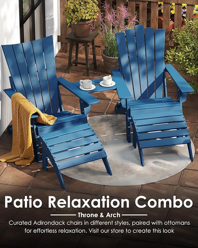 GREENVINES Folding-Adirondack-Chairs-Set-of-2 | HDPE Plastic | Throne Series | Fire Pit Chair | with Connecting Tray | Removable Table | All Weather | for Outdoor Patio Deck Poolside | Blue