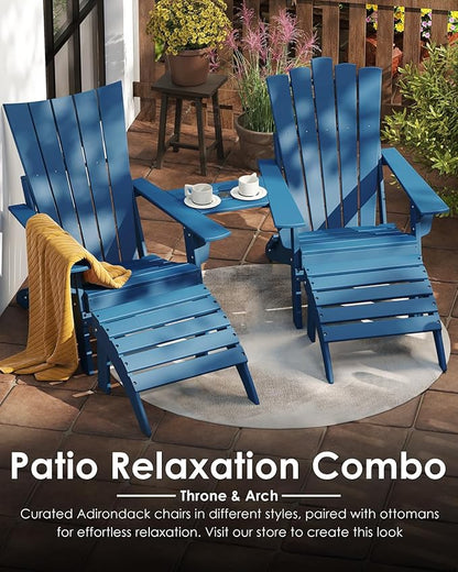GREENVINES Folding-Adirondack-Chairs-Set-of-2 | HDPE Plastic | Throne Series | Fire Pit Chair | with Connecting Tray | Removable Table | All Weather | for Outdoor Patio Deck Poolside | Blue