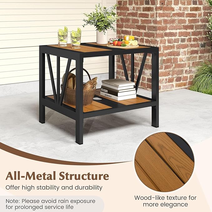 HAPPYGRILL Outdoor Side Table with Umbrella Hole 1.57”, 2-Tier Coffee Bistro End Table Umbrella Stand with Storage Shelf, for Backyard Poolside Garden (1)