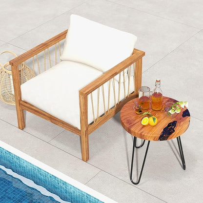 Giantex Outdoor Side Table Teak Wood - 20” Round End Table with Epoxy Resin Tabletop, Solid Live Edge, Metal Frame, Rustic Sofa and Couch Table for Patio, Porch, Poolside, Living Room, Yard, Brown