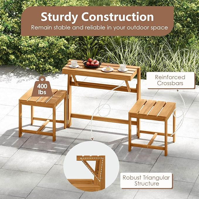 Tangkula 3-in-1 Outdoor Acacia Wood Loveseat Bench Furniture, Patio Table and Chairs Set with Plant Rack Design, for Garden, Porch and Backyard