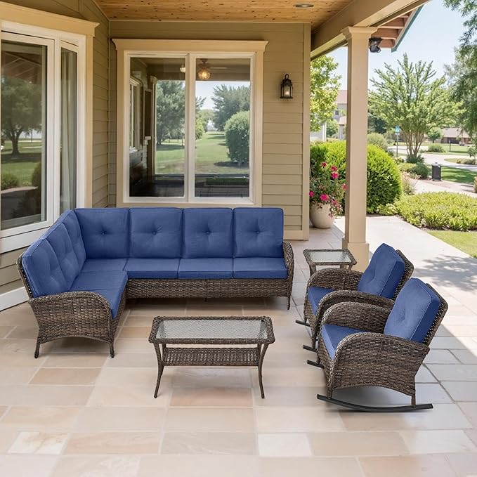 Belord Outdoor Furniture Set - 6 Pieces Patio Conversation Sectional Sofa Set with Patio Rocking Chairs Set of 2 and Wicker Coffee Table for Deck Backyard Sunroom Brown