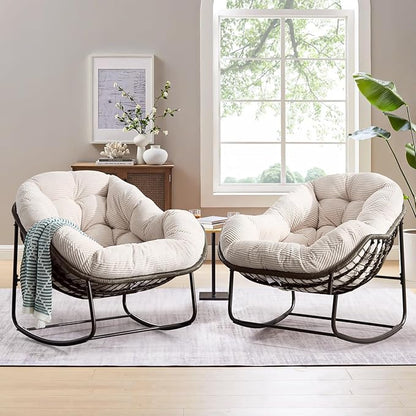 Large Indoor Rocking Chair Set of 2, Oversized Rocking Papasan Chair with Thick Cushion and Frame, Comfy Corduroy Rocker Wicker Egg Chairs Lounge Reading Chair for Living Room, Bedroom, White