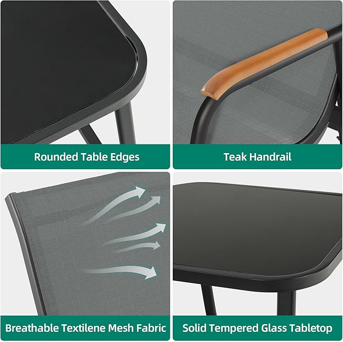 YITAHOME 3 Piece Patio Furniture Set, Outdoor Glider Chair Bistro Set, Coffee Table with Tempered Glass Tabletop, Patio Textilene Chairs Set of 2 for Backyard, Lawn, Garden, Balcony and Porch, Grey