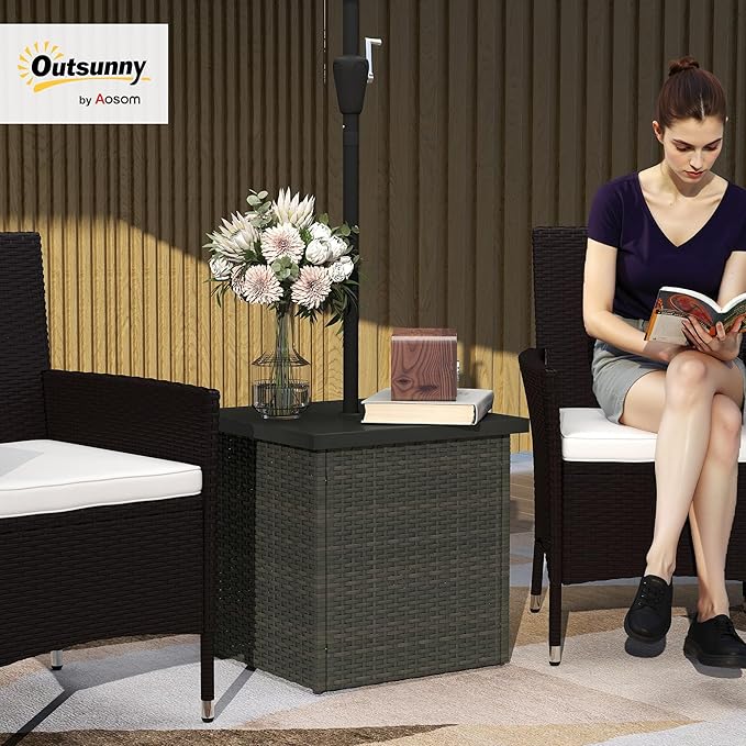 Outsunny All Weather Wicker Side Table with 1.5" Umbrella Hole, Square PE Rattan Outdoor End Table with Umbrella Base, UV-Resistant Frame, Storage Space for Patio, Garden, Poolside, Deck, Mixed-Brown
