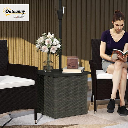 Outsunny All Weather Wicker Side Table with 1.5" Umbrella Hole, Square PE Rattan Outdoor End Table with Umbrella Base, UV-Resistant Frame, Storage Space for Patio, Garden, Poolside, Deck, Mixed-Brown
