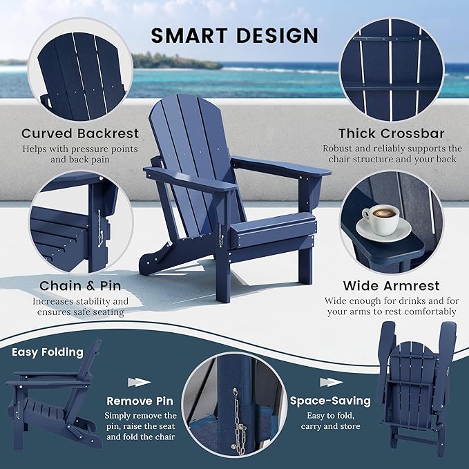 WO WESTIN OUTDOOR HDPE Laguna Outdoor Folding Poly Adirondack Chair, Navy Blue