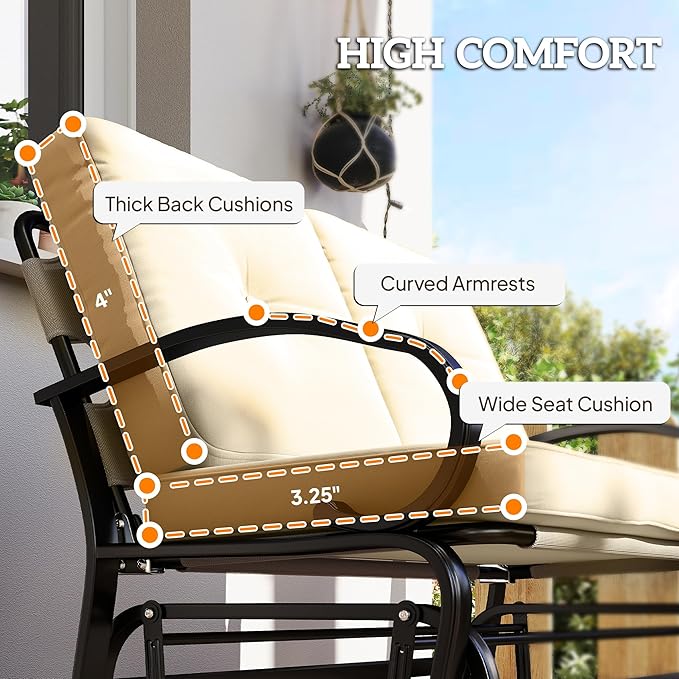 Outsunny Outdoor Glider Bench, 2-Person Patio Rocker Loveseat with Tufted Cushions, Steel Frame for Porch, Garden Backyard, Beige