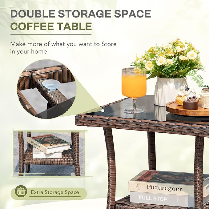 Greesum 3 Piece Outdoor Wicker Rocking Chairs Patio Furniture Set with Glass Coffee Table for Garden Backyard Porch Poolside, Blue