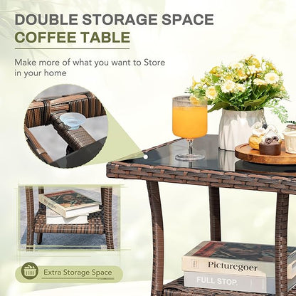 Greesum 3 Piece Outdoor Wicker Rocking Chairs Patio Furniture Set with Glass Coffee Table for Garden Backyard Porch Poolside, Blue
