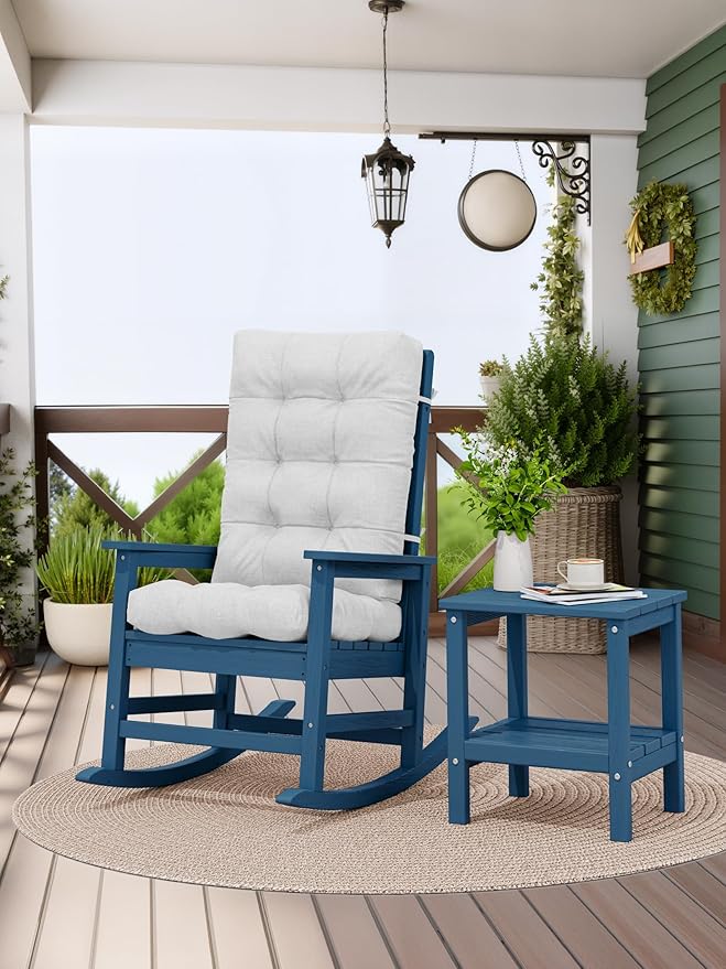 KINGYES Oversized Outdoor Rocking Chair with Cushion, All-Weather Patio Rocking Chairs, HDPE Porch Rocker for Adults, 350 lbs Capacity, Blue Chair with Grey Cushion