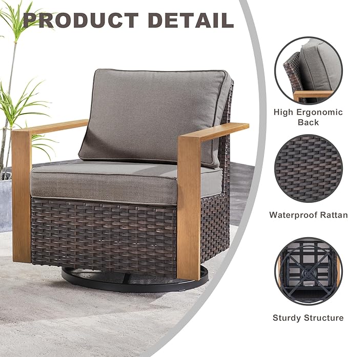 Rilyson Outdoor Patio Swivel Rocker Chairs - Wicker Rattan Patio Swivel Rocking Chairs Set of 2 with Metal Wide Armrest, Thick Cushions and Deep Seating for Deck Porch Sunroom Garden(Brown/Grey)