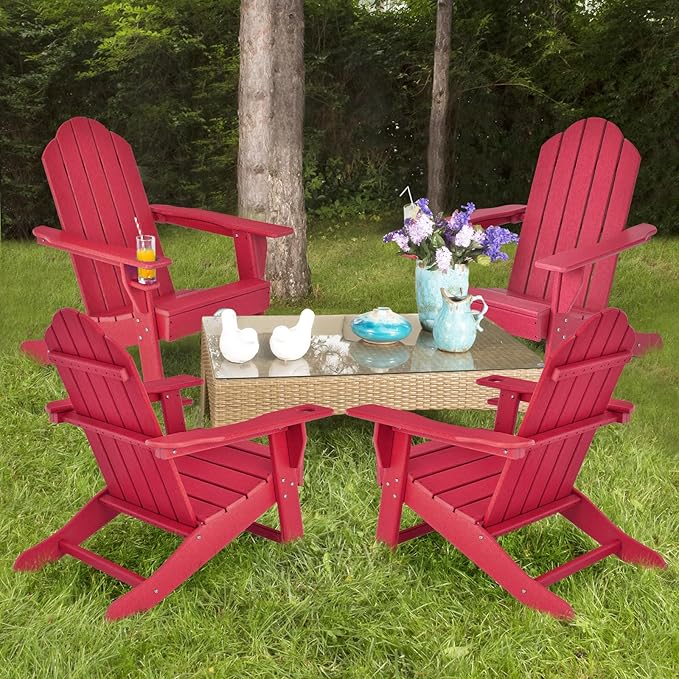 Tangkula Adirondack Chair Outdoor, Fade Resistant HDPE Armchairs with Cup Holder, Weather Resistant Lounger Chairs for Patio Garden Backyard Deck, Lawn Porch Seating, Adirondack Lounger (1, Red)