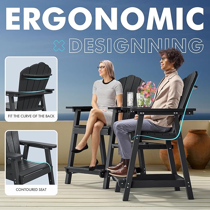 Tall Adirondack Chair Set of 4 with Double Connecting Tray, Recycled HDPE with Wood Grain, Weather Resistant, Outdoor Adirondack Chairs for Deck, Balcony, Patio, Backyard, Black