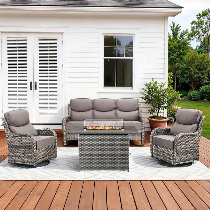 Luxury High Back Patio Furniture Set with Fire Pit Table & 6-Inch Thick Cushions - Photo 1