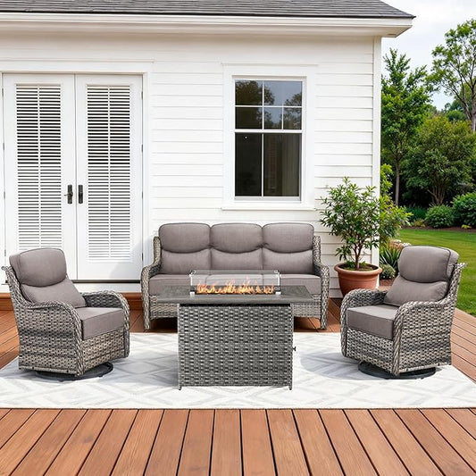 Luxury High Back Patio Furniture Set with Fire Pit Table & 6-Inch Thick Cushions, 4-Pieces Outdoor Furniture with Swivel Chairs, Wicker Conversation Set for Porch, Balcony, Deck and Yard, Grey