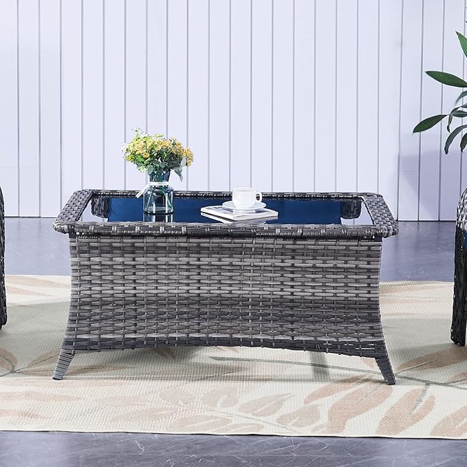 Belord Patio Coffee Table Outdoor Rectangular Glass Table, Handwoven Rattan Patio Furniture Grey Wicker Coffee Table Compatible with Patio Chairs and Sofa Sets for Backyard Sunroom Outside Lawn