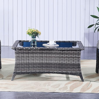 Belord Patio Coffee Table Outdoor Rectangular Glass Table, Handwoven Rattan Patio Furniture Grey Wicker Coffee Table Compatible with Patio Chairs and Sofa Sets for Backyard Sunroom Outside Lawn