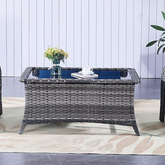 Belord Patio Coffee Table Outdoor Rectangular Glass Table, Handwoven Rattan Patio Furniture Grey Wicker Coffee Table Compatible with Patio Chairs and Sofa Sets for Backyard Sunroom Outside Lawn