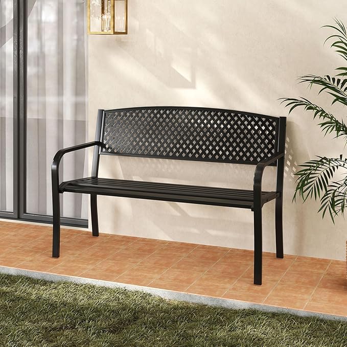 Giantex Metal Outdoor Bench with Mesh Pattern Backrest, Curved Armrests, Load 660Lbs, Slatted Seat for 2-3 Persons, Heavy-Duty Garden Bench for Patio, Backyard, Poolside, Porch, Park (50"×24"×33.5")