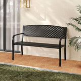 Giantex Metal Outdoor Bench with Mesh Pattern Backrest, Curved Armrests, Load 660Lbs, Slatted Seat for 2-3 Persons - Photo 5