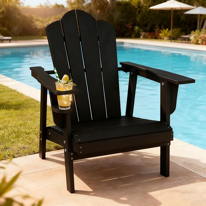 PROHIKER Adirondack Chair with Cup Holder, HDPE Outdoor Patio Chair All Weather Outdoor Chairs for Lawn Garden Porch Backyard, Plastic, Black