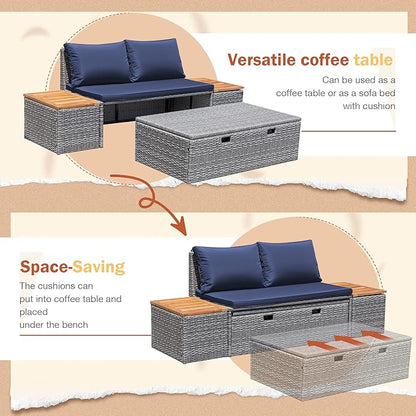Greesum Patio Furniture Set Multifunctional Outdoor Sectional Sofa Rattan Chaise Lounge Wicker Daybed with Couch, Cushions, Storage Ottoman and 2 Side Tables for Backyard Porch Poolside Lawn,Blue