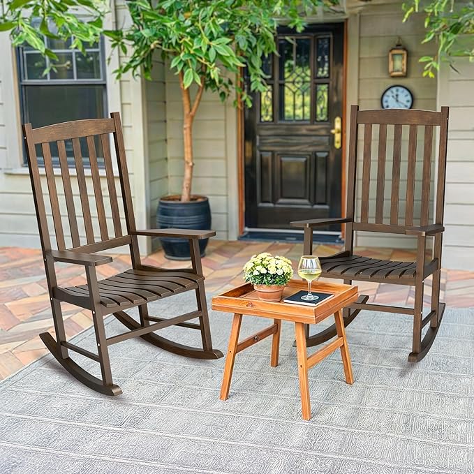 Nouva All-Weather Patio Rocking Chair, Solid Wood High Back Outdoor Porch Rocker Lounge Camping Chair for Porch Patio Fire Pit Garden Backyard Deck Poolside Lawn,Natural