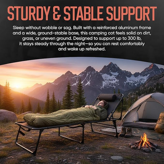 Outdoor Lounge Chair | Extra Large Portable cot incl Leg Raising adjustability | Easy Setup & Takedown | Supports Adults up to 300 lb | Ideal for Camping Patio, Balcony, Beach & More