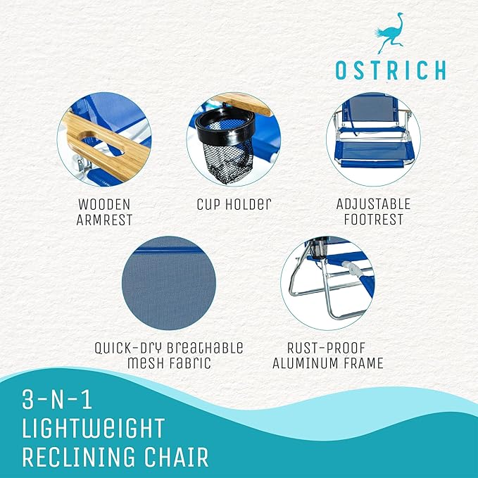 Ostrich the Original 3N1 Lightweight Beach Reclining Lounge Chair with Footrest, Outdoor Furniture for Patio, Balcony, Backyard, or Porch, Blue