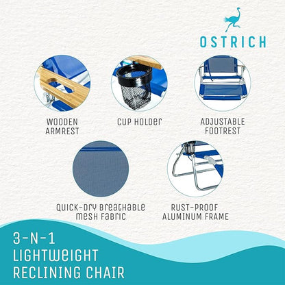 Ostrich the Original 3N1 Lightweight Beach Reclining Lounge Chair with Footrest, Outdoor Furniture for Patio, Balcony, Backyard, or Porch, Blue