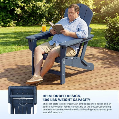 Mdeam 3-Position Adjustable Adirondack Chair Set of 4, 400LBS Capacity, Cup Holder, Wooden Textured, All-Weather HDPE Folding Fire Pit Outdoor Chairs for Poolside Deck Patio Garden Yard - Navy Blue