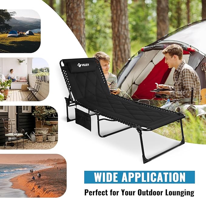 VILLEY Oversized Padded Chaise Lounge with Cushion, Foldable Camping Cot, Patio Reclining Lounge Chairs - Photo 5