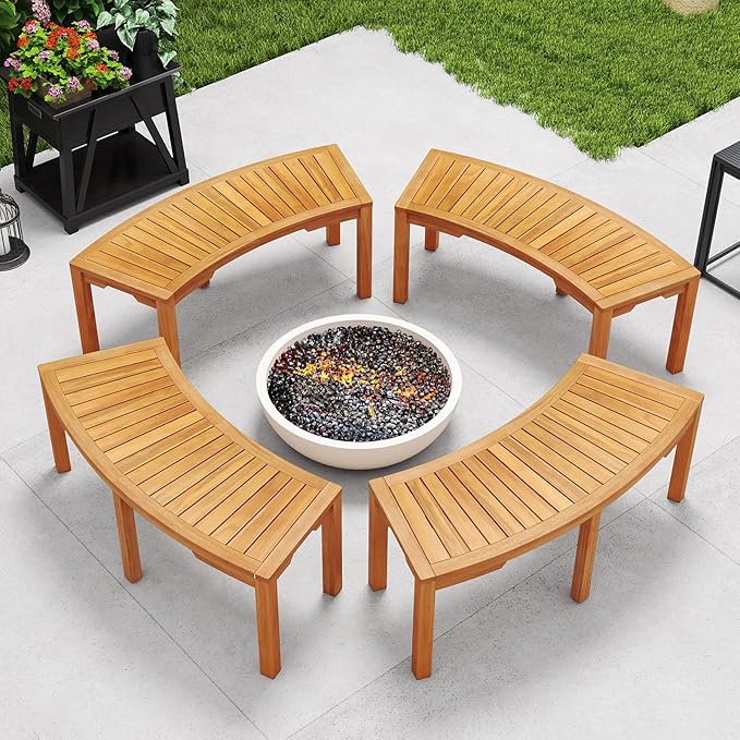 RELAX4LIFE Wooden Outdoor Curved Bench - Acacia Wood Garden Bench w/Slatted Seat, 2-Person Outside Backless Seating for Porch Backyard Deck Park, 800 LBS Load Capacity, Patio Fire Pit Bench (4, 45'')