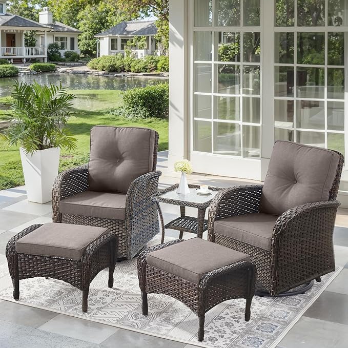 5 Pieces Outdoor Wicker Patio Furniture Set-High Back Outdoor Rocking Chairs Set of 2 with Ottoman Patio Conversation Sets for Deck Lawn Porch Balcony Poolside-Brown/Grey