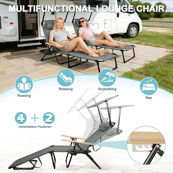 Outdoor Chaise Lounge Chair with 4-Position Adjustable Backrest, Patio Folding Sun Tanning Chair, Pillow & Cup Holder - Photo 6