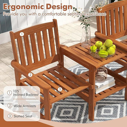 RELAX4LIFE Outdoor Loveseat with Built-in Table - Wood Patio Chairs w/Center Table & Umbrella Hole, 2-Person Garden Bench for Porch Deck Pool Balcony Backyard, 2-Seater Wooden Patio Furniture Set
