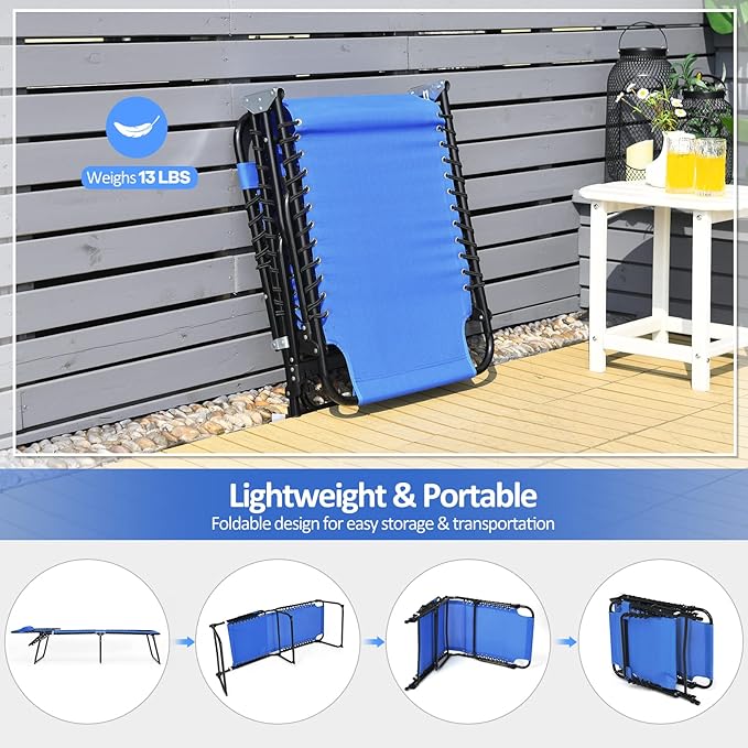 Giantex Patio Chaise Lounge Chair - 16” High Folding Tanning Chair with Removable Headrest, 4-Gear Backrest, 2-Position Anti-Skid Foot-Pads, Portable Sunbathing Beach Chair, Camping Cot, Navy