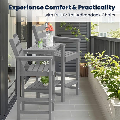 PLUUV Tall Adirondack Chairs Set of 2, All Weather HDPE Poly Bar Height Balcony Adirondack Chair with Removable Double Connecting Trays, Outdoor Adirondack Barstools for Deck, Patio, Yard, Pool, Lawn