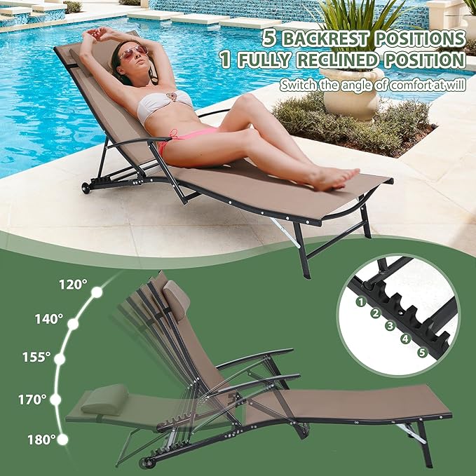 Nice C Patio Chaise Lounge with Wheel, Outdoor Lounge with Armrest for Pool, 5 Reclining Positions, with Rolling Wheel for Poolside, Beach, Backyard, Patio (Set of 2, Beige)