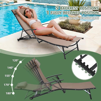 Nice C Patio Chaise Lounge with Wheel, Outdoor Lounge with Armrest for Pool, 5 Reclining Positions, with Rolling Wheel for Poolside, Beach, Backyard, Patio (Set of 2, Beige)