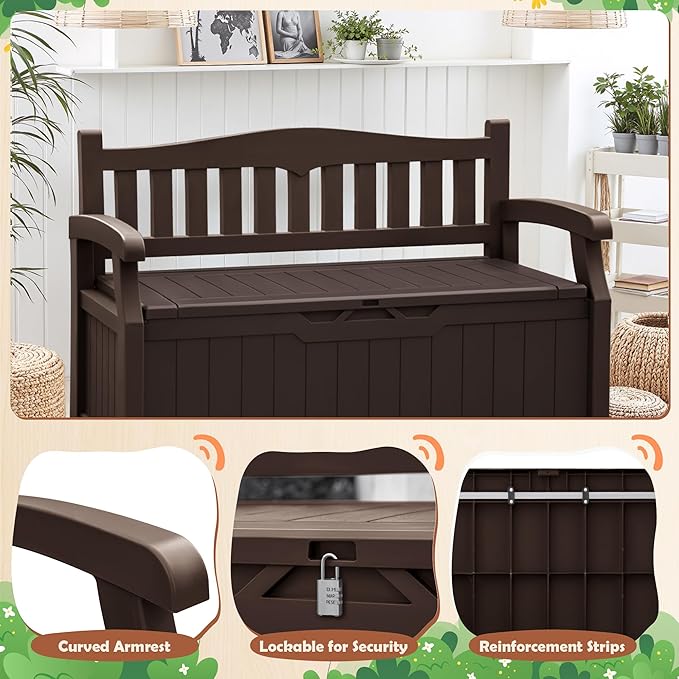JUMMICO 80 Gallon Resin Outdoor Storage Bench, Large Deck Box with Armrest, Lockable&Waterproof for Garden, Home, Patio, Pools (Brown, 80 Gallon)