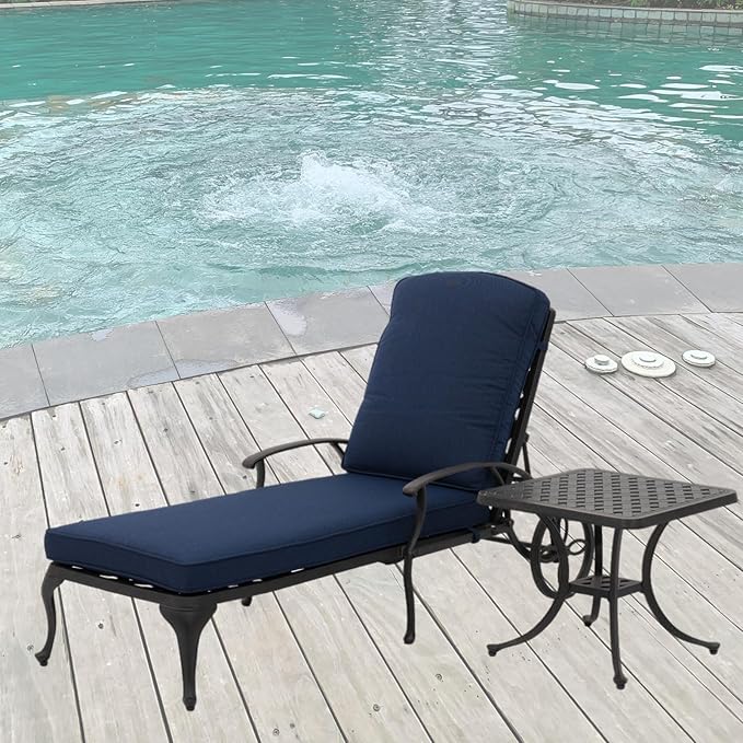 Chaise Lounge Outdoor Chair with Wheels, Adjustable Reclining Rust-Resistant Aluminum Cast Poolside Chaise Lounge Furniture with Waterproof Denim Blue Cushion (1pc)